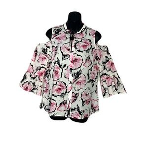 Karl Lagerfeld Pink and Black Floral Cold Shoulder Pearl Tie Accent Top